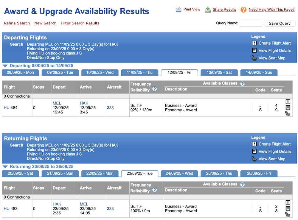 ExpertFlyer award search for MEL-HAK flights on Hainan Airlines