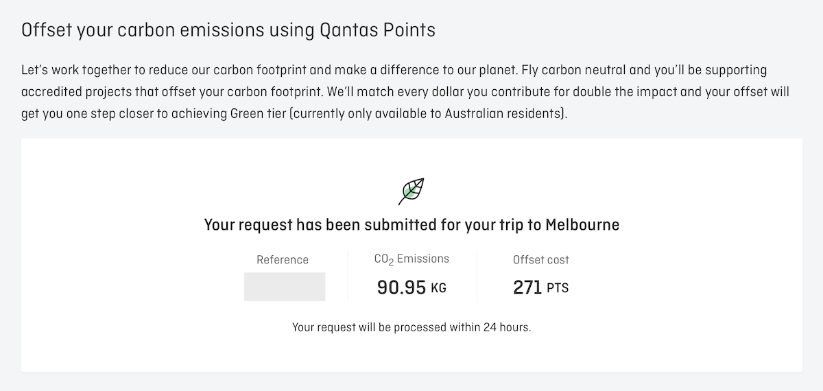 Qantas flight carbon offset confirmation screen