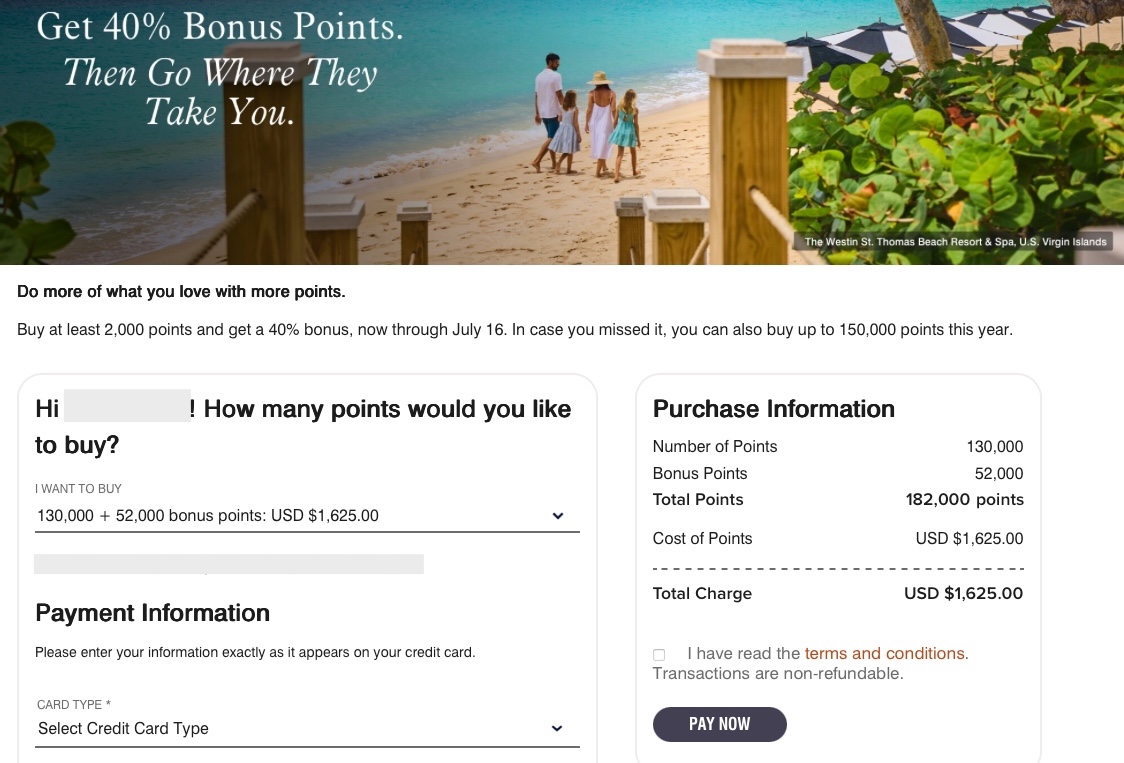 Quote for buying 182,000 Bonvoy points (after 40% bonus) on the Marriott website