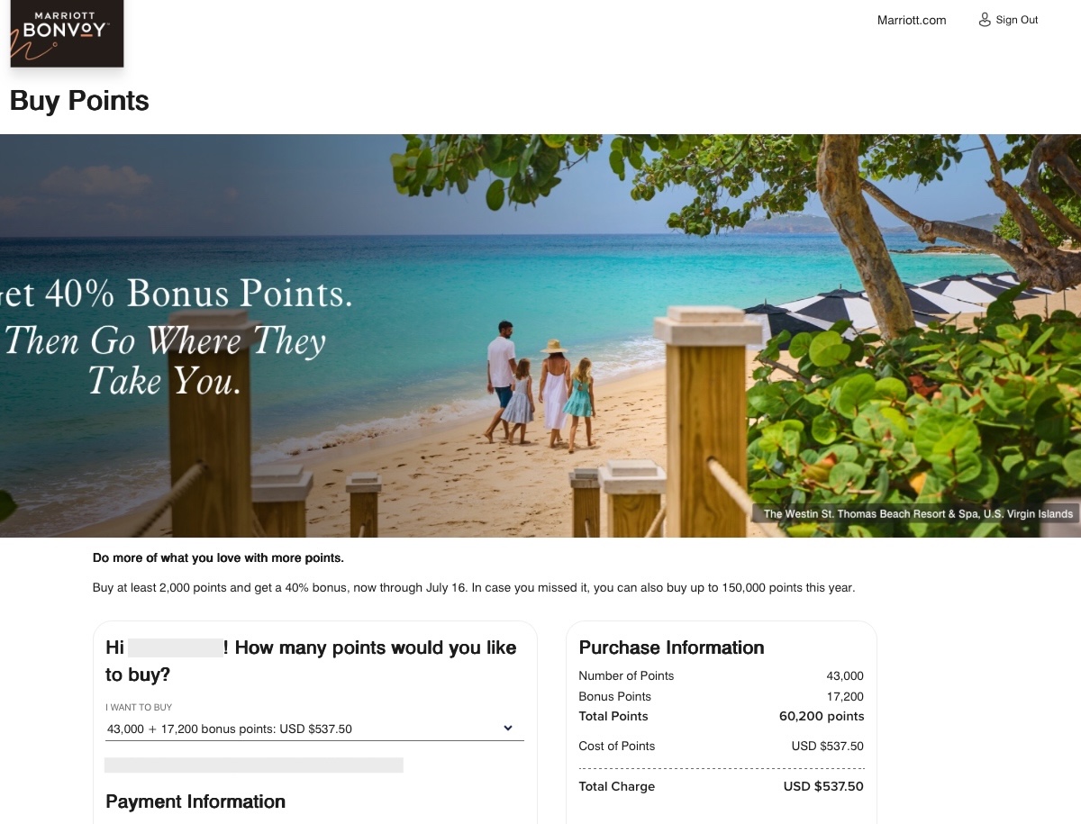 Buying 60,200 Marriott Bonvoy points (at 40% bonus) on the Marriott website