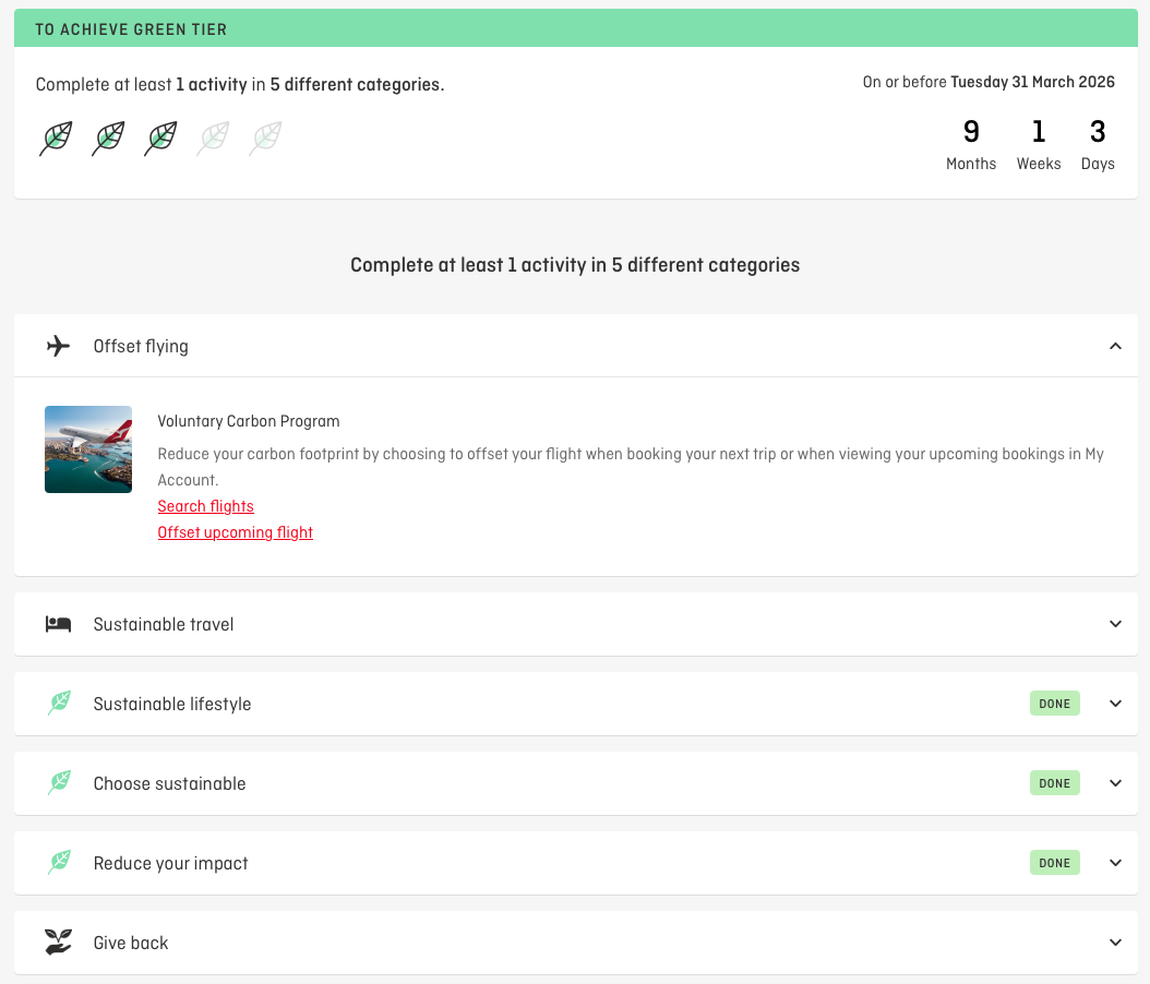 Qantas website showing the six Green Tier categories and an example of a member's progress for the 2026 membership year
