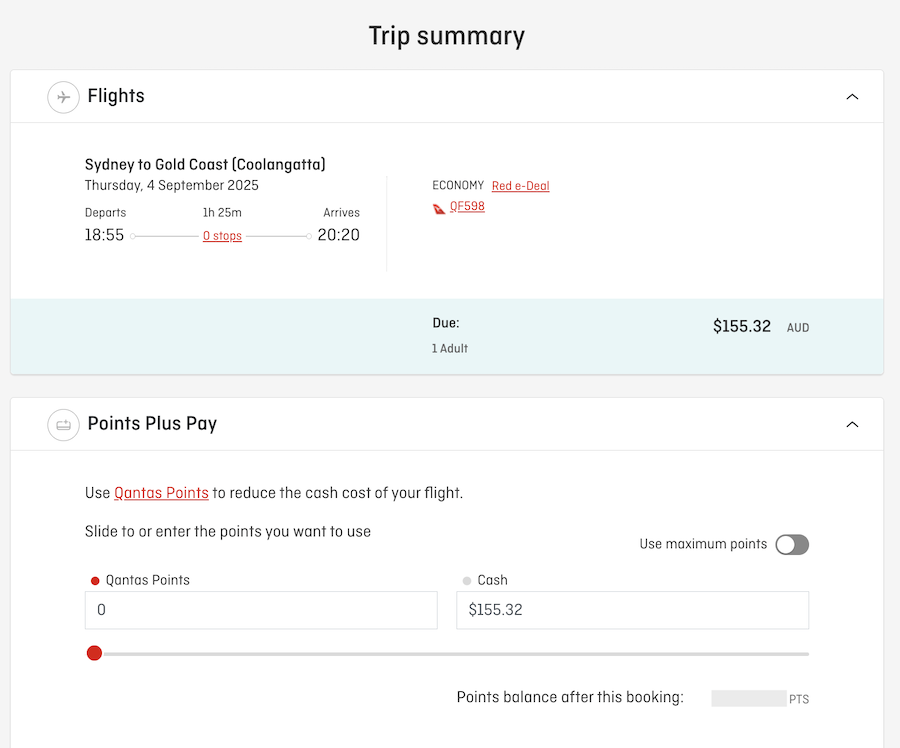 Points Plus Pay offer for a SYD-OOL booking on the Qantas website