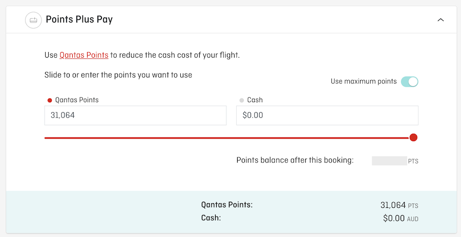 Example of a Qantas Points Plus Pay redemption with maximum points used