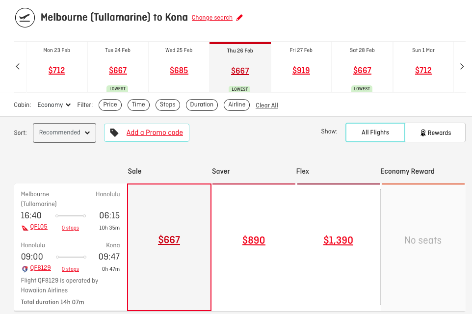 Qantas website booking from MEL to KOA via HNL