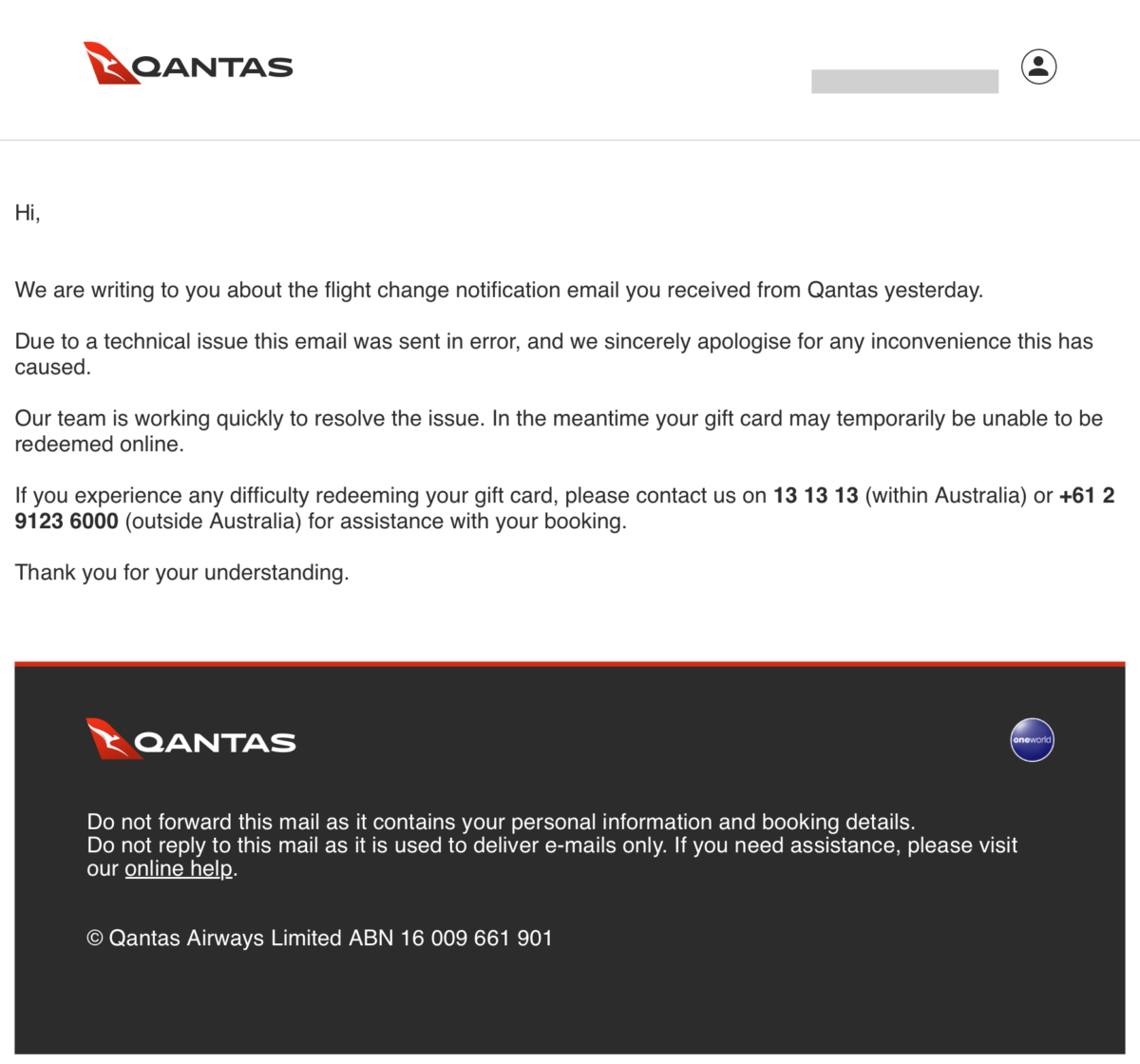 Email sent by Qantas on 6 June 2025 about the erroneous flight change email sent the previous day