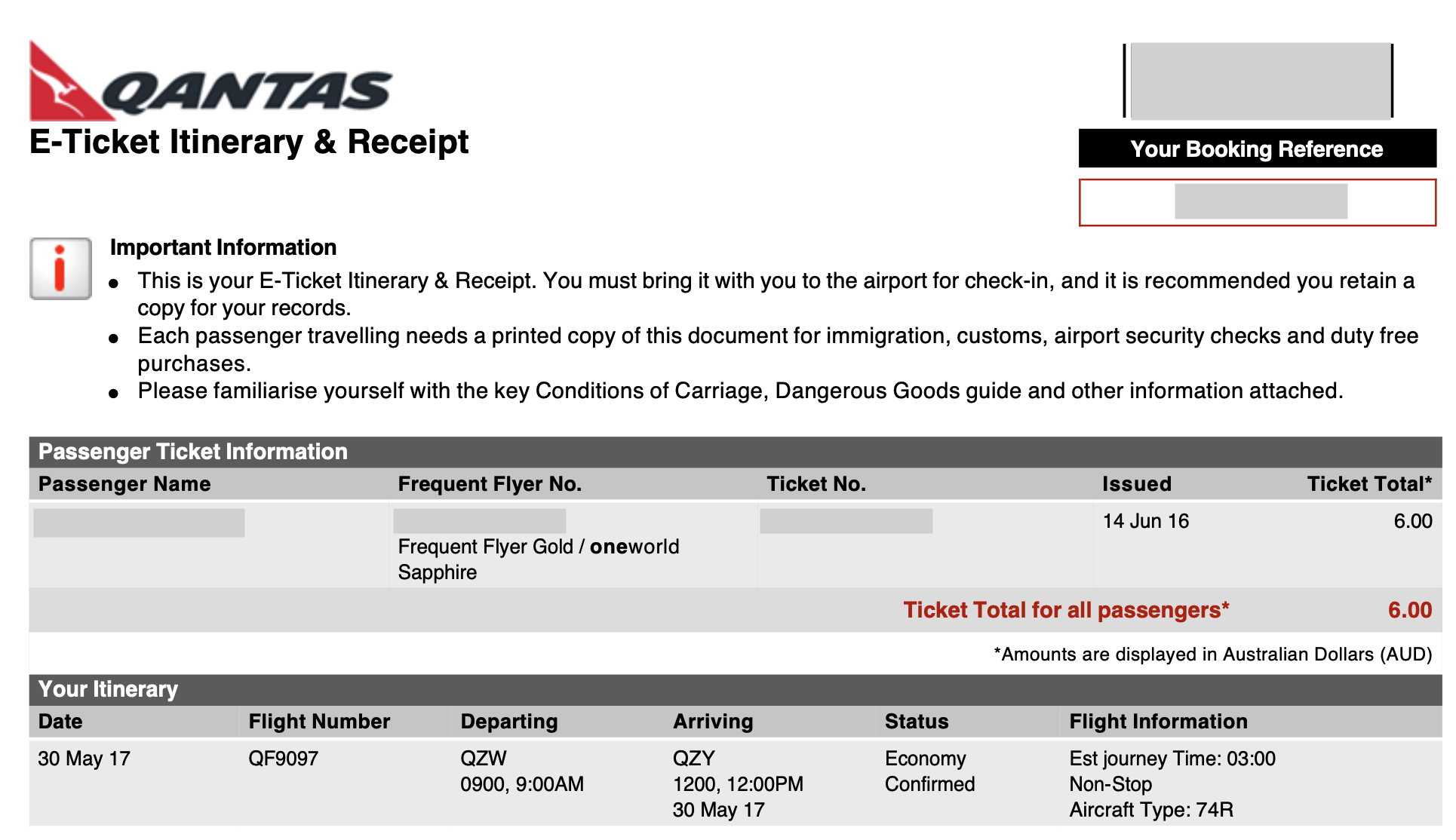 Qantas ticket showing flight from QZW to QZY