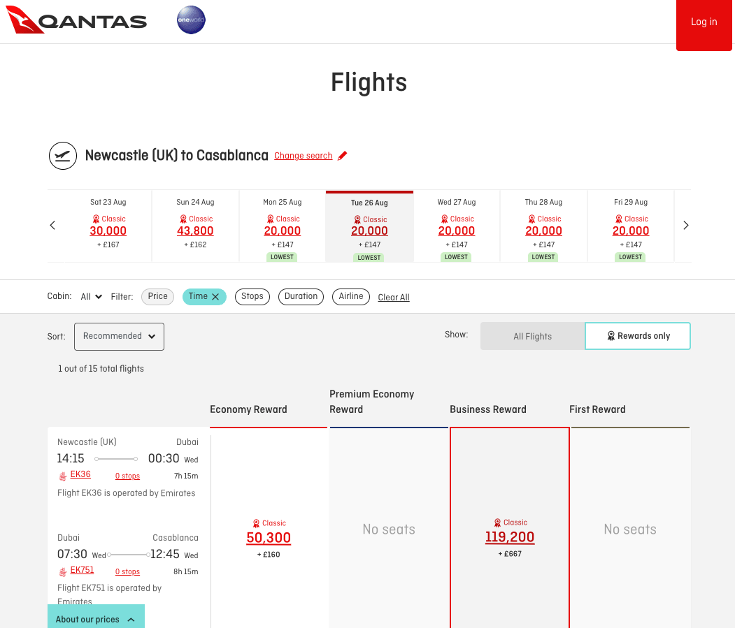 Emirates Classic Reward seats from NCL to CMN on the Qantas website