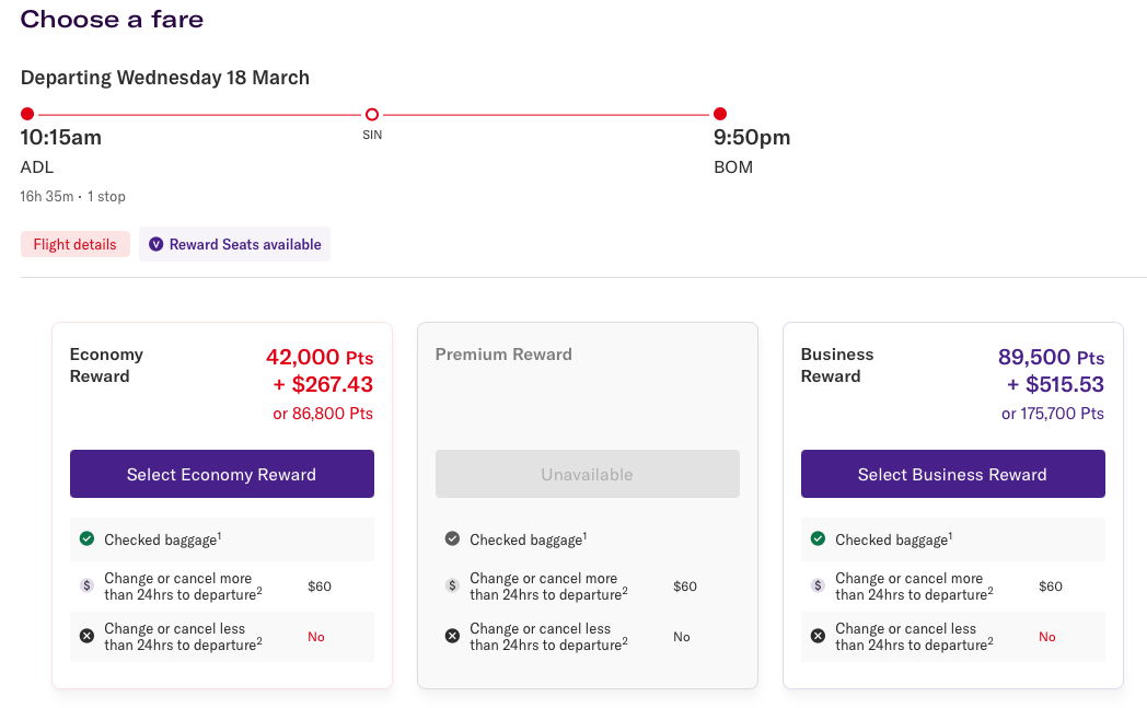 ADL-SIN-BOM reward seats on Virgin Australia's website