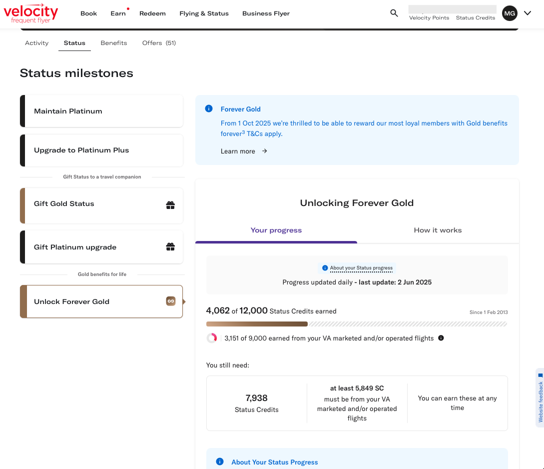 Forever Gold progress on the Velocity Frequent Flyer website