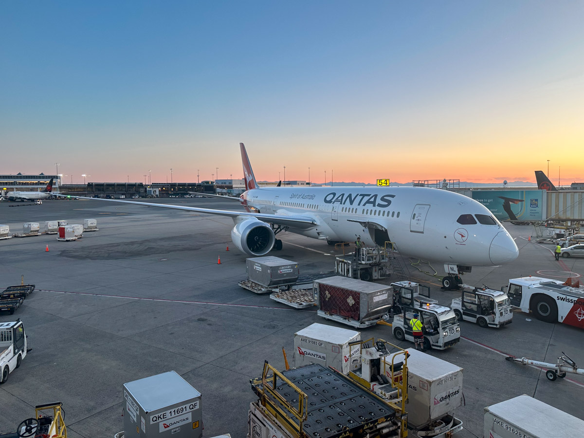 Qantas Boeing 787-9 at Vancouver Airport during sunset