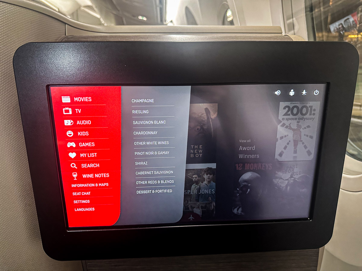 Wine notes on the in-flight entertainment in Qantas business class