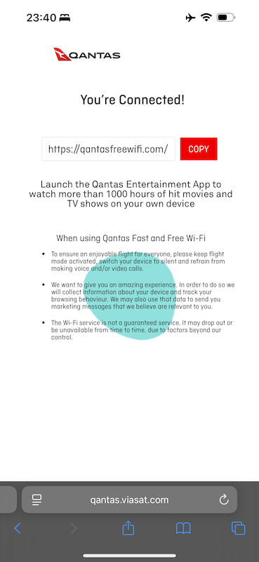 Qantas Wi-Fi connection successful