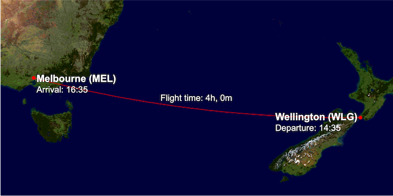 QF172 route map from Wellington (WLG) to Melbourne (MEL)