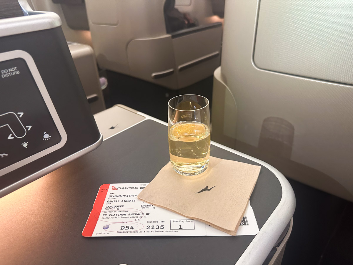 Pre-departure champagne in Qantas Business Class