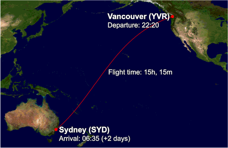 QF76 route map from Vancouver (YVR) to Sydney (SYD)