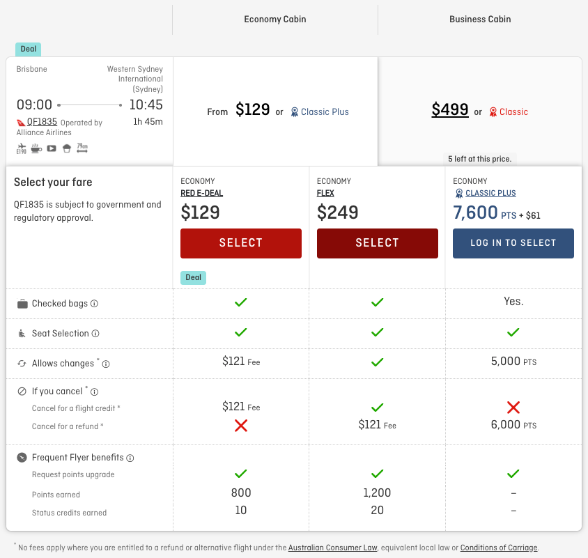 Qantas BNE-WSI fare inclusions