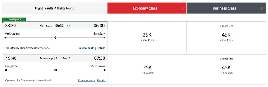 A screenshot showing business class availably on the Aeroplan website between Melbourne and Bangkok