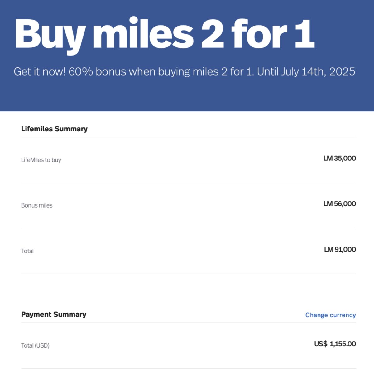 Screenshot showing 160% bonus when buying Avianca LifeMiles