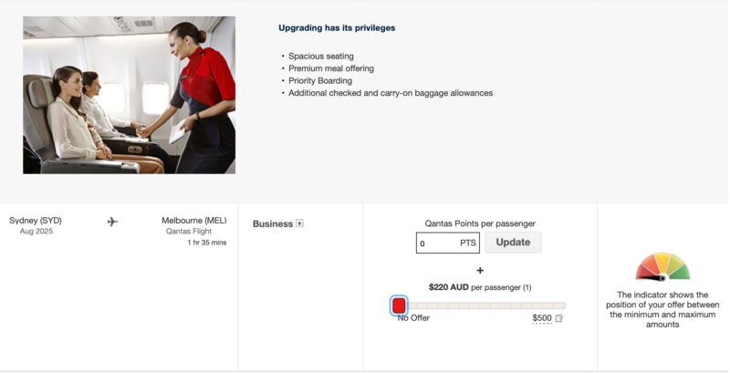 Screenshot of a Qantas upgrade bid