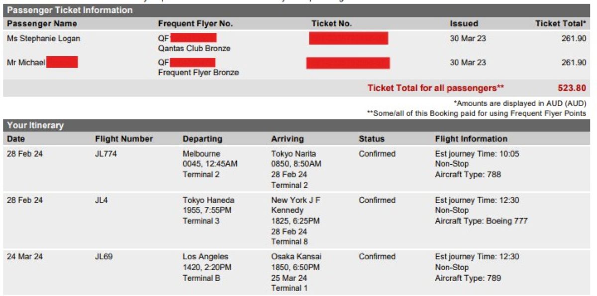 Stephanie Honeymoon Ticket Qantas Multi-City Tool