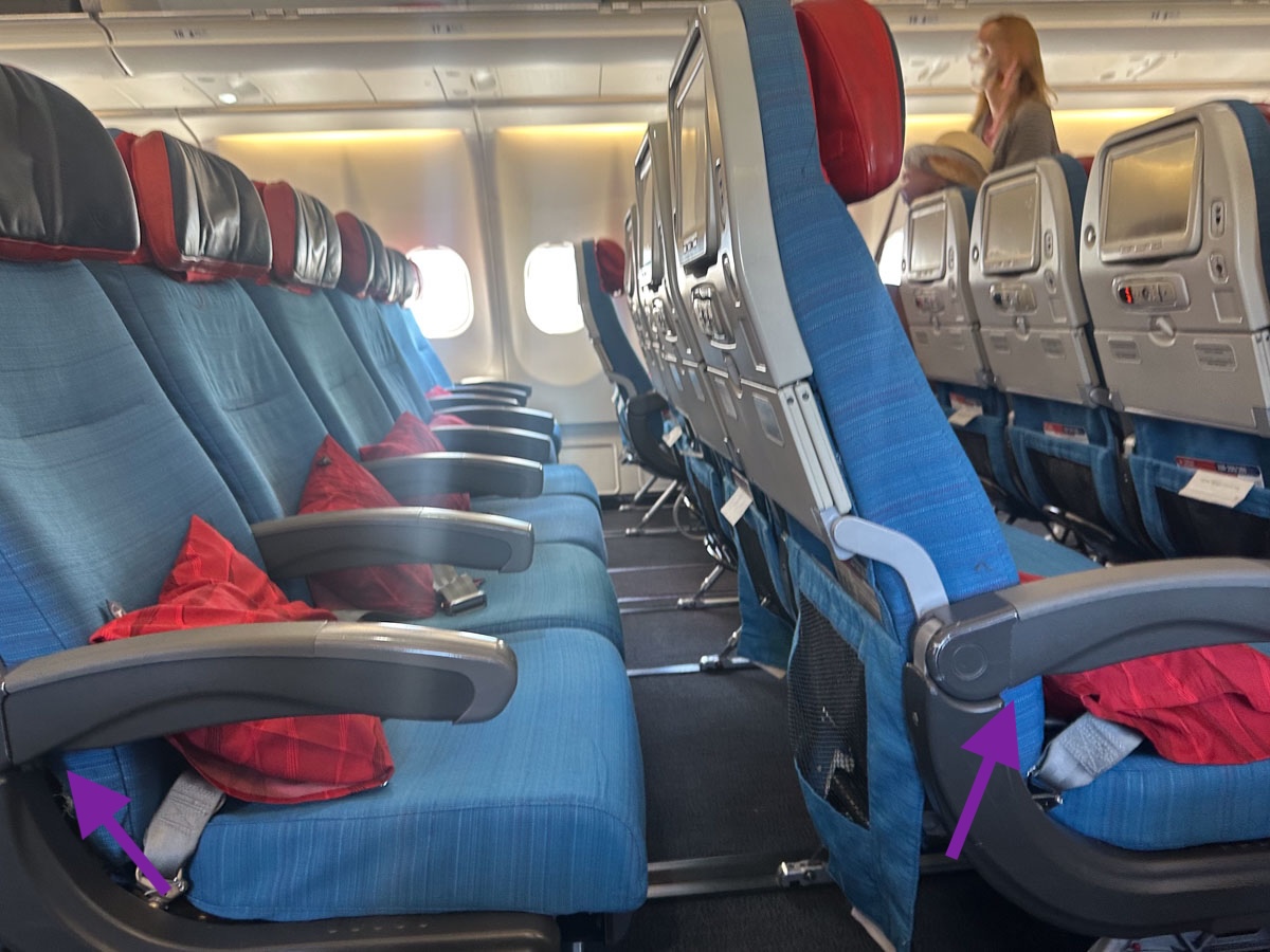 Turkish Airlines A330 economy class seats, with armrest trick pointed out