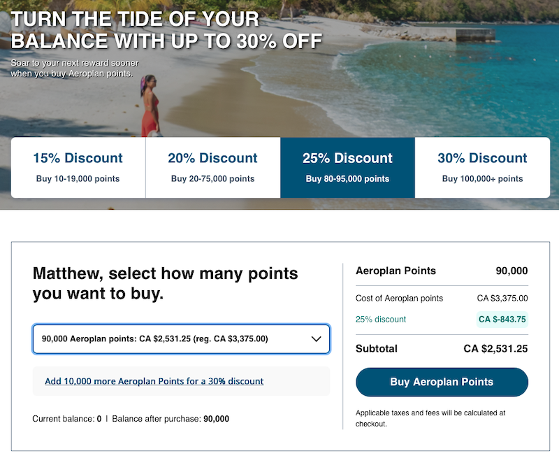 Aeroplan transaction of buying 90,000 points on its website