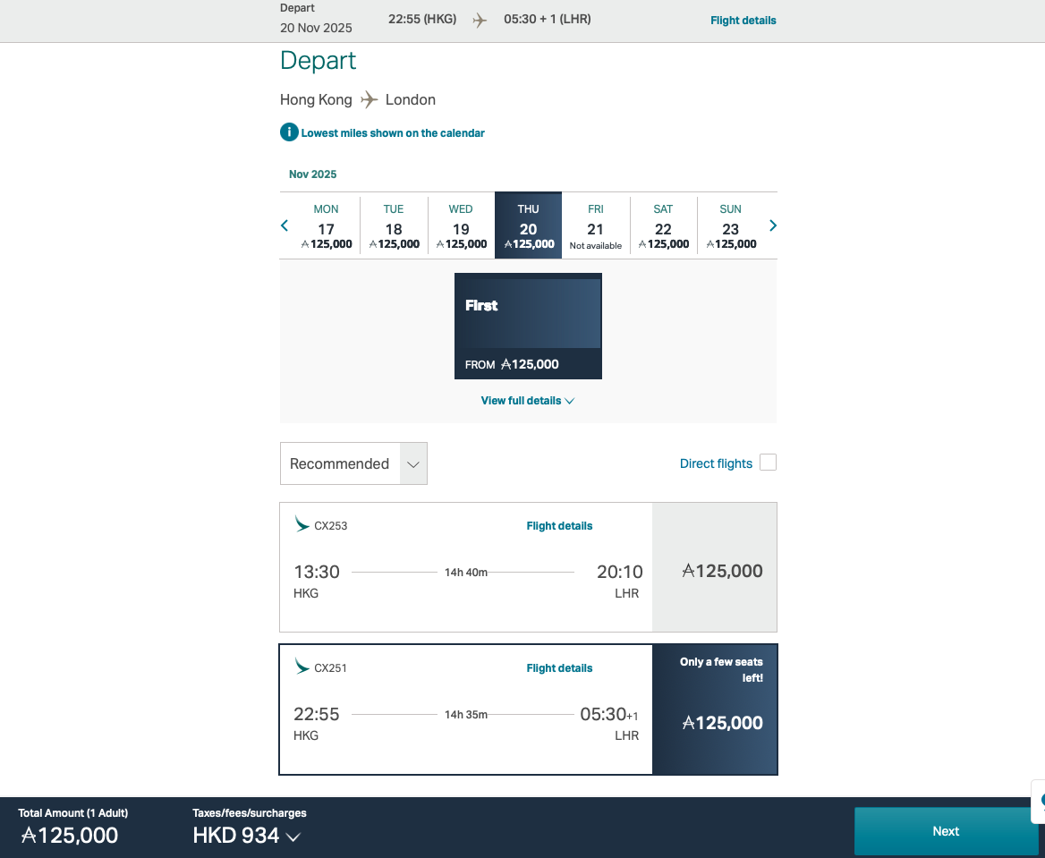 Cathay Pacific First Class award quote from HKG to LHR