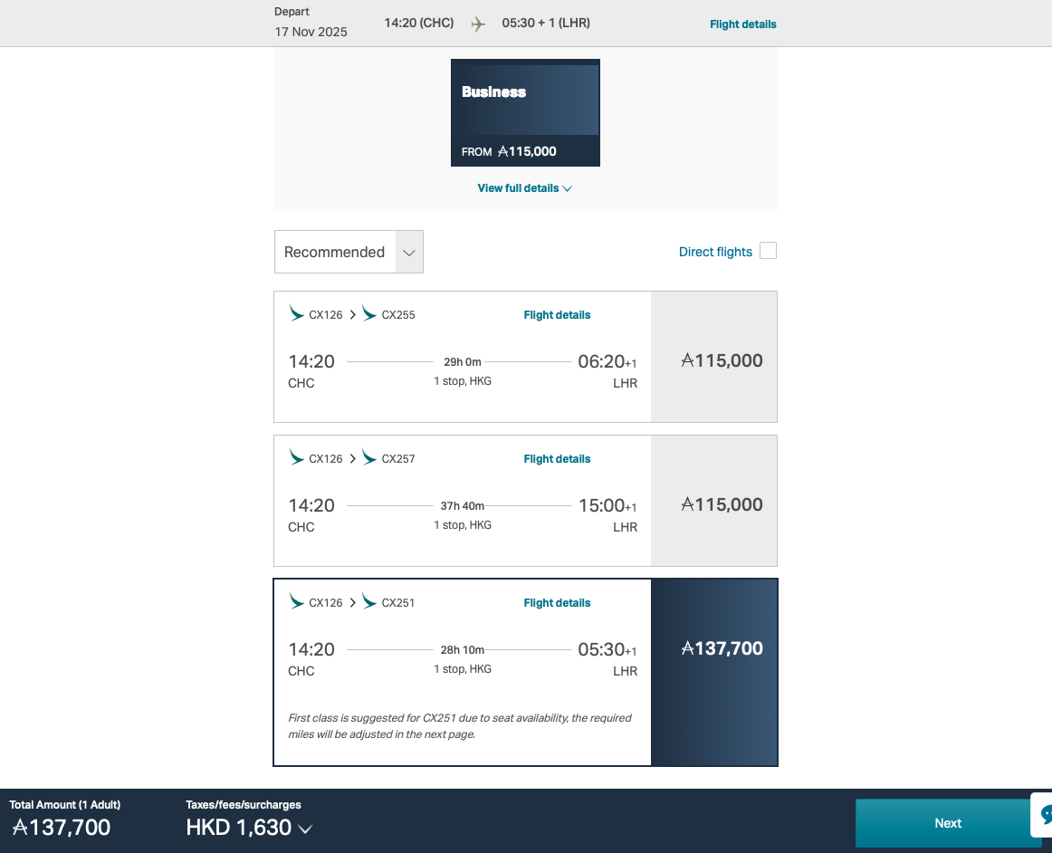 CHC-HKG-LHR award availability on the Cathay Pacific website