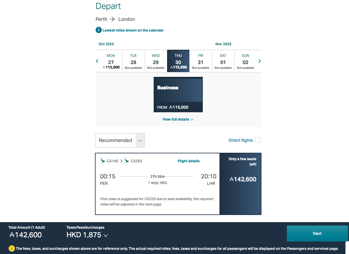 Example of a mixed-cabin award from Perth to London via Hong Kong on the Cathay Pacific website