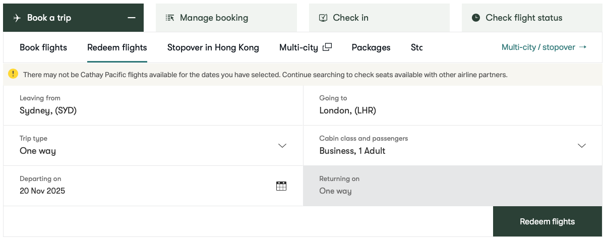 Cathay Pacific SYD-LHR business class award booking search on the CX website