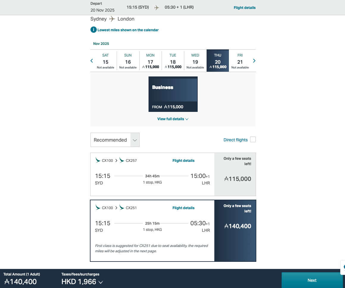 Mixed-cabin SYD-HKG-LHR award itinerary on the Cathay Pacific website