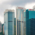 Hong Kong, China - May 1, 2017: All Main Chain Luxury Hotels Skysrapers Buildings at Admirality Hong Kong Island Cloudy Spring Day Travel.