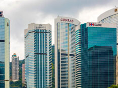 Hong Kong, China - May 1, 2017: All Main Chain Luxury Hotels Skysrapers Buildings at Admirality Hong Kong Island Cloudy Spring Day Travel.