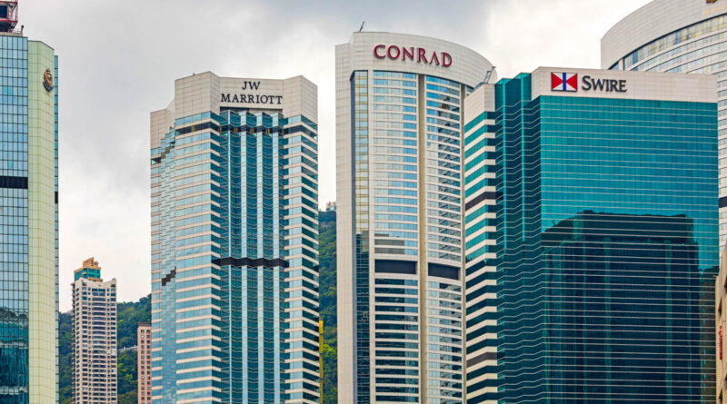 Hong Kong, China - May 1, 2017: All Main Chain Luxury Hotels Skysrapers Buildings at Admirality Hong Kong Island Cloudy Spring Day Travel.
