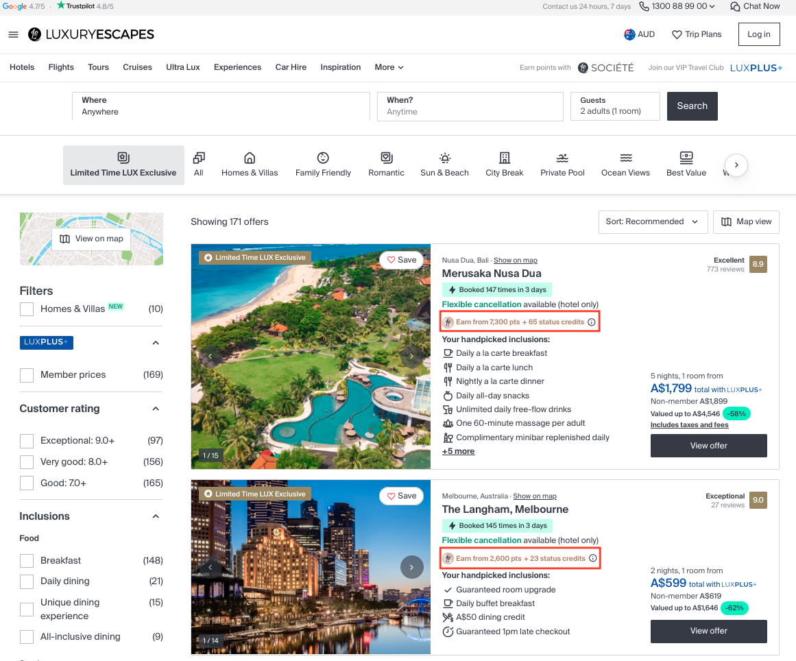 Examples of points and status credits earned on Limited Time LUX Exclusive bookings on the Luxury Escapes website