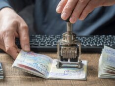 Immigration and passport control at the airport, passport stamp