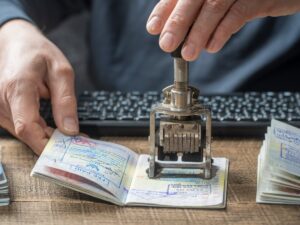 Immigration and passport control at the airport, passport stamp