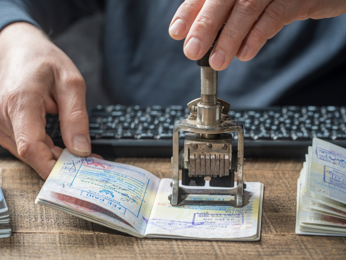 Immigration and passport control at the airport, passport stamp