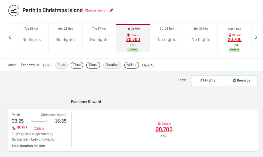 Perth to Christmas Island Classic Reward availability