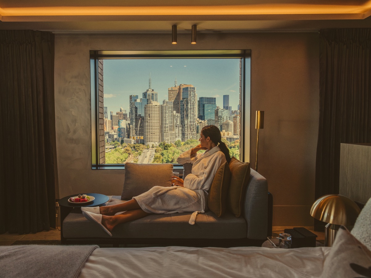 Pullman on the Park hotel room overlooking Melbourne
