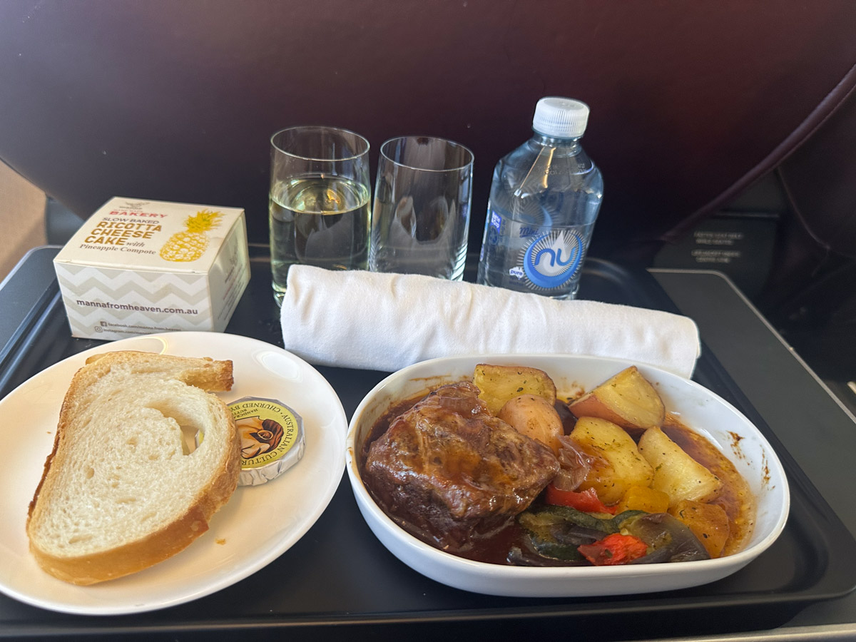 Beef brisket on a Qantas Business Class flight from Gold Coast to Melbourne