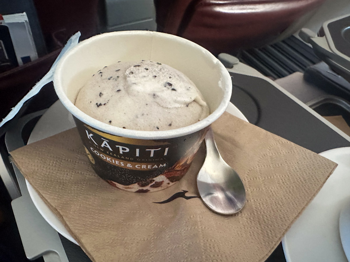 Kapiti cookie & cream ice cream served in Qantas business class