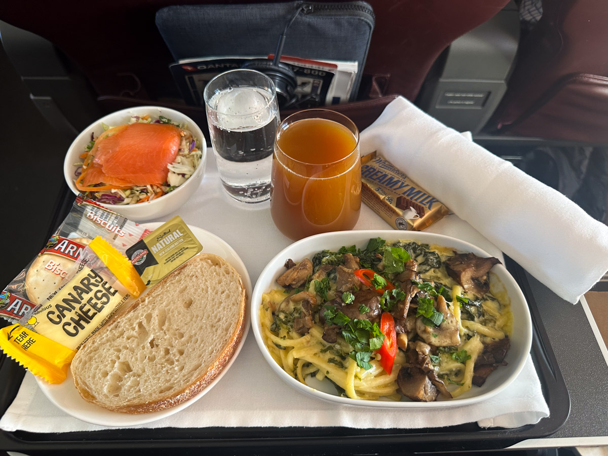 Mushroom linguine for lunch in Qantas Business Class