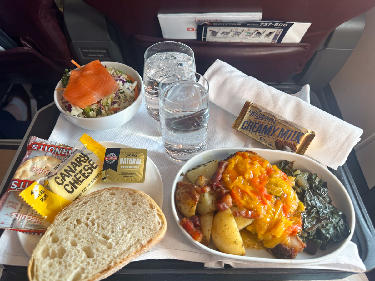 Pork loin with vegetables for lunch in Qantas business class