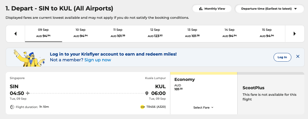 SIN-KUL fare on the Scoot website