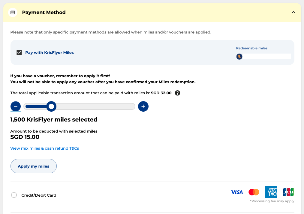 Example of a KrisFlyer miles and cash redemption on Scoot