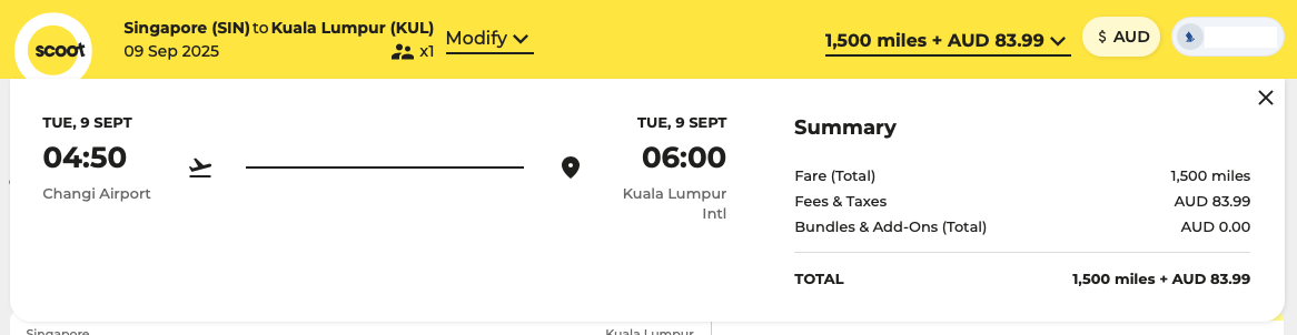 SIN-KUL KrisFlyer redemption on the Scoot website