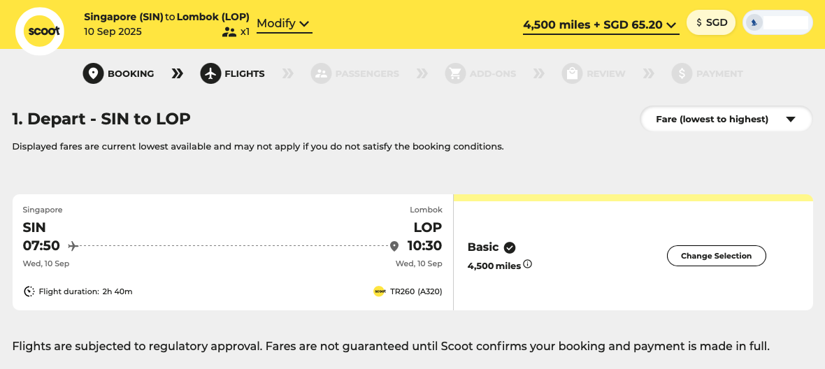 Scoot KrisFlyer award ticket SIN-LOP