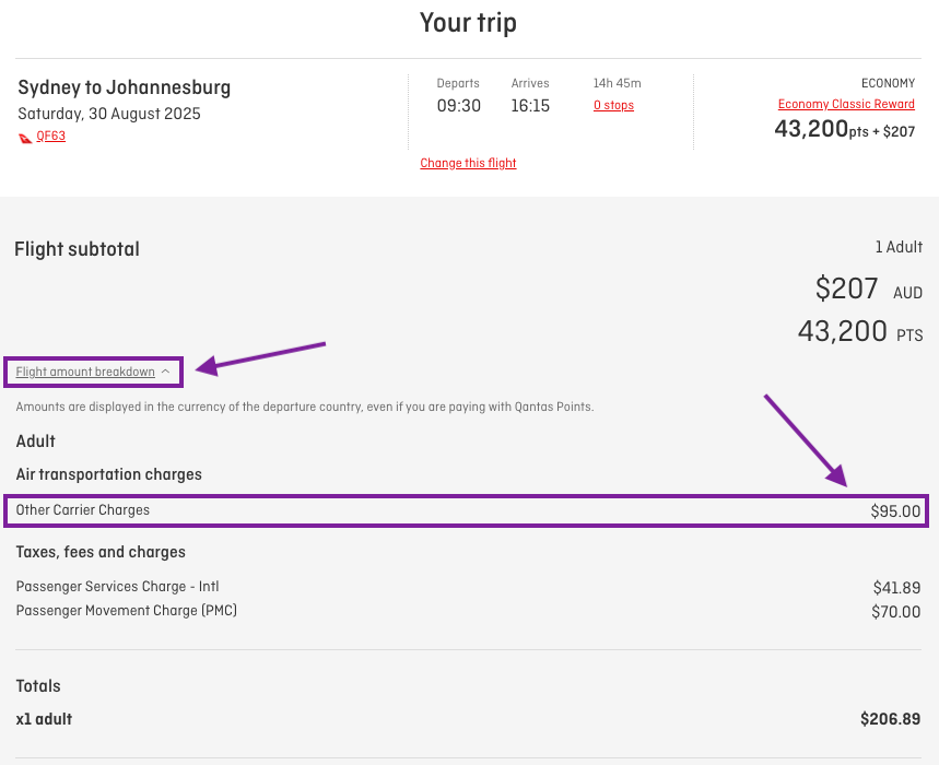 Breakdown of Qantas carrier charges on a SYD-JNB Economy Classic Reward redemption