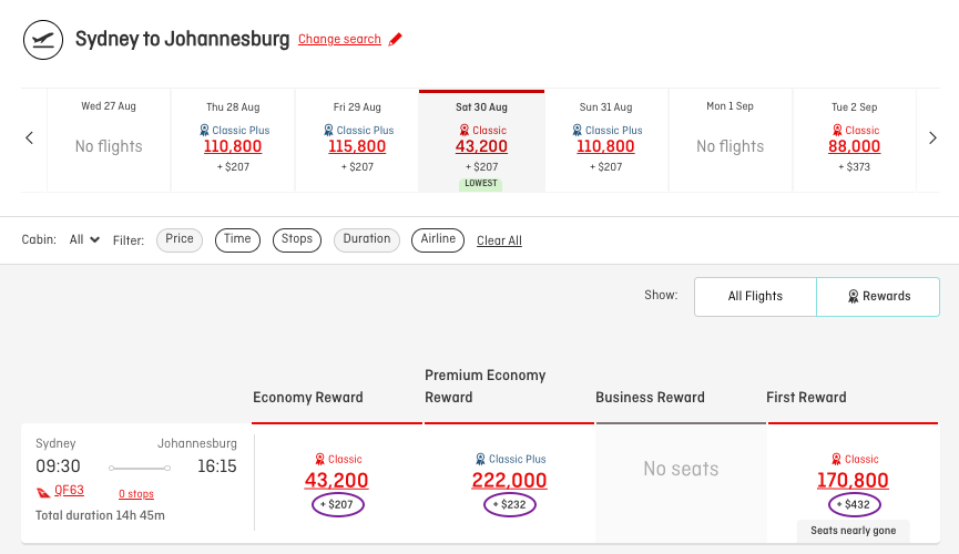 Taxes & carrier charges on a SYD-JNB Classic Reward booking as shown on the Qantas website